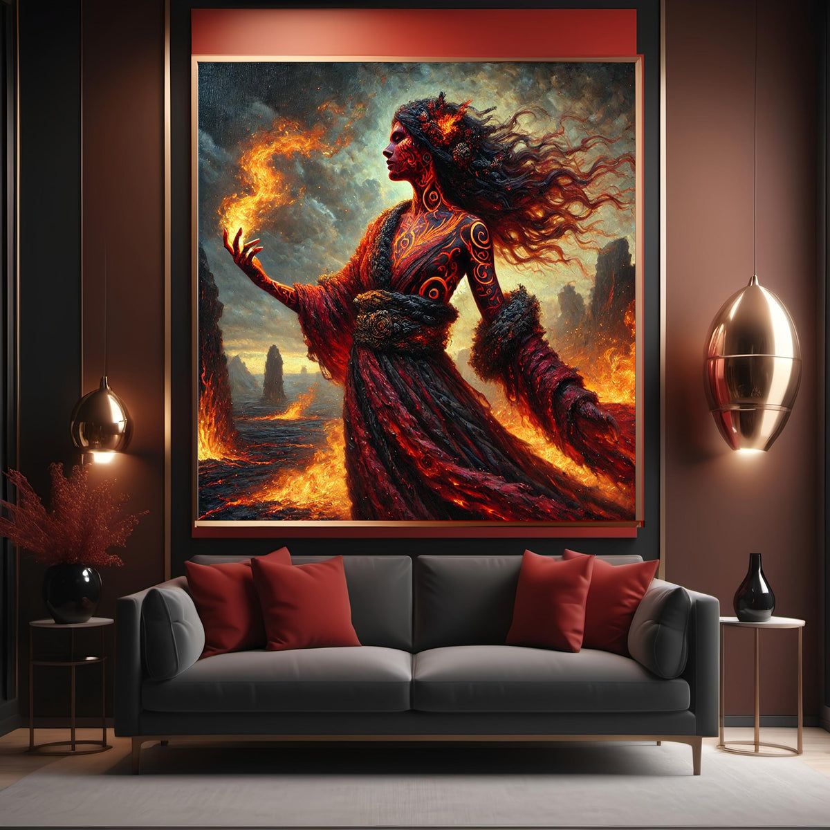 Tattooed Fire Witch Digital Art Print: Volcanic Lava Goddess (Instant Download)