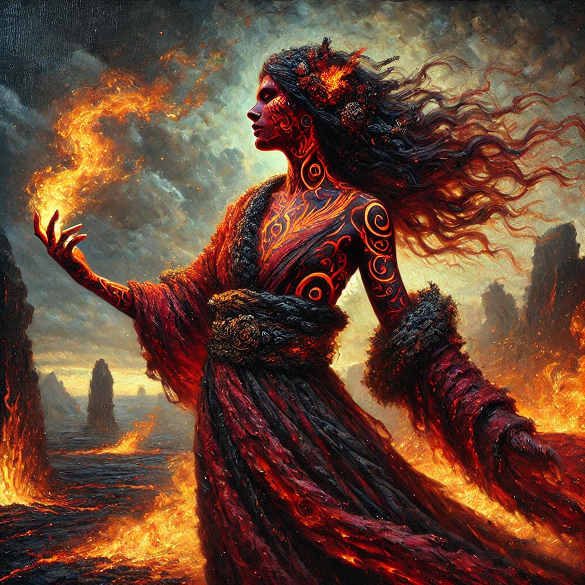 Tattooed Fire Witch Digital Art Print: Volcanic Lava Goddess (Instant Download)