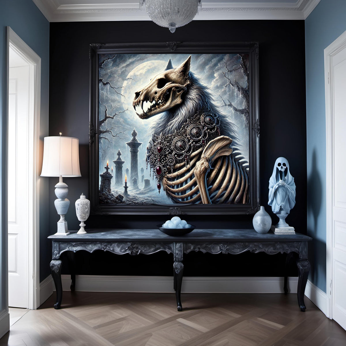 Skeleton Dire Wolf Print: Gothic Fantasy Art, Halloween Decor (Digital Download)