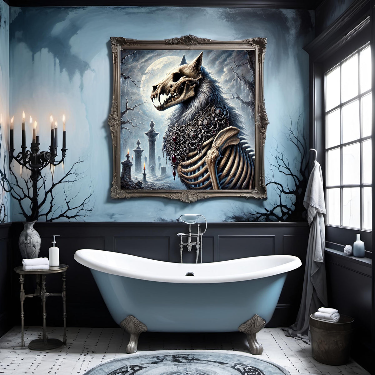 Skeleton Dire Wolf Print: Gothic Fantasy Art, Halloween Decor (Digital Download)