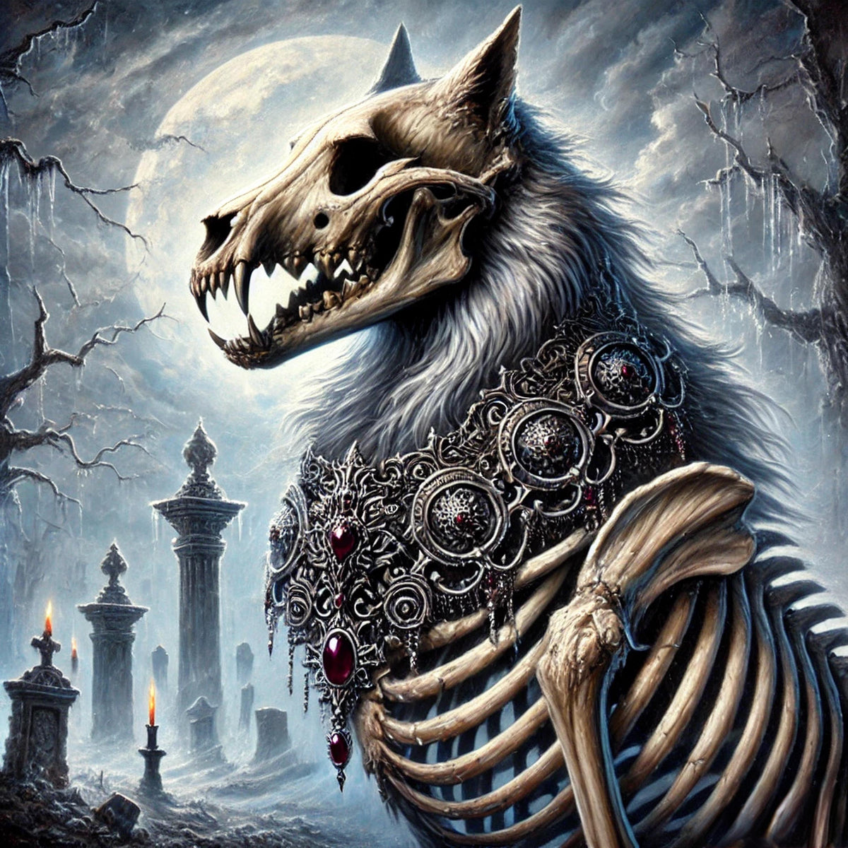 Skeleton Dire Wolf Print: Gothic Fantasy Art, Halloween Decor (Digital Download)