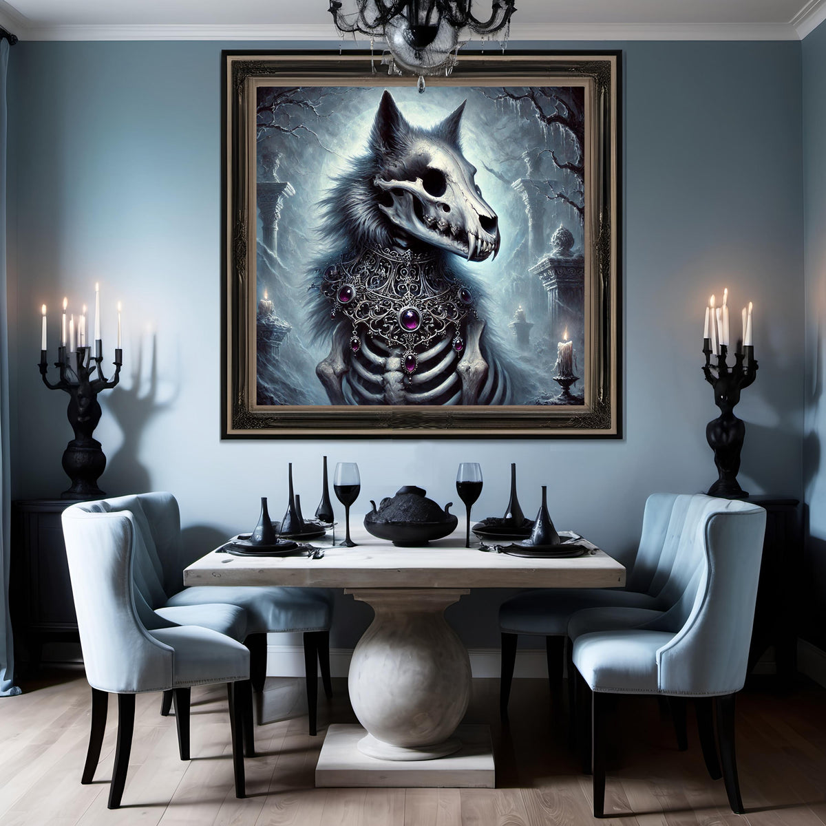 Gothic Skeleton Dire Wolf Print: Dark Fantasy Halloween Decor (Digital Art Download)