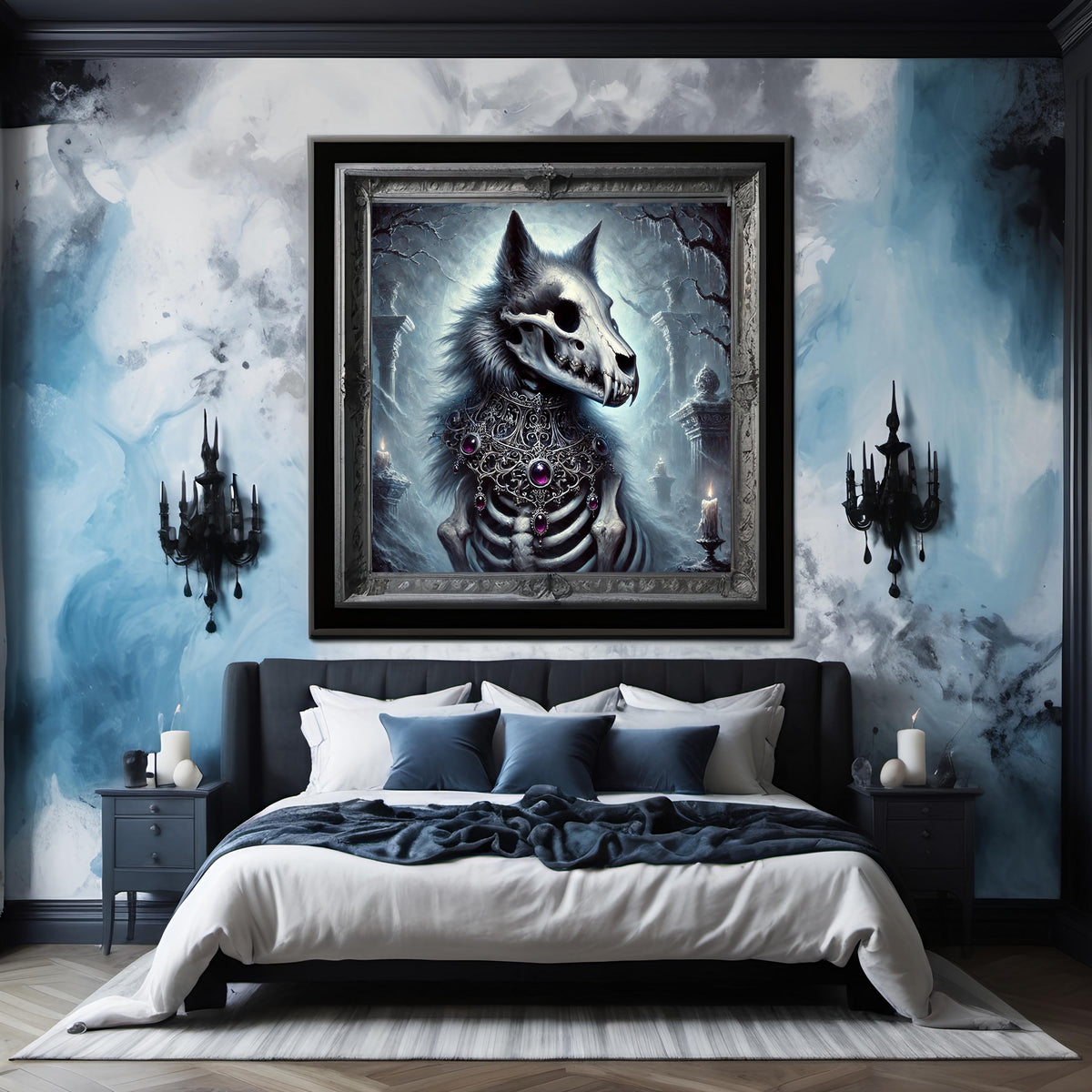 Gothic Skeleton Dire Wolf Print: Dark Fantasy Halloween Decor (Digital Art Download)