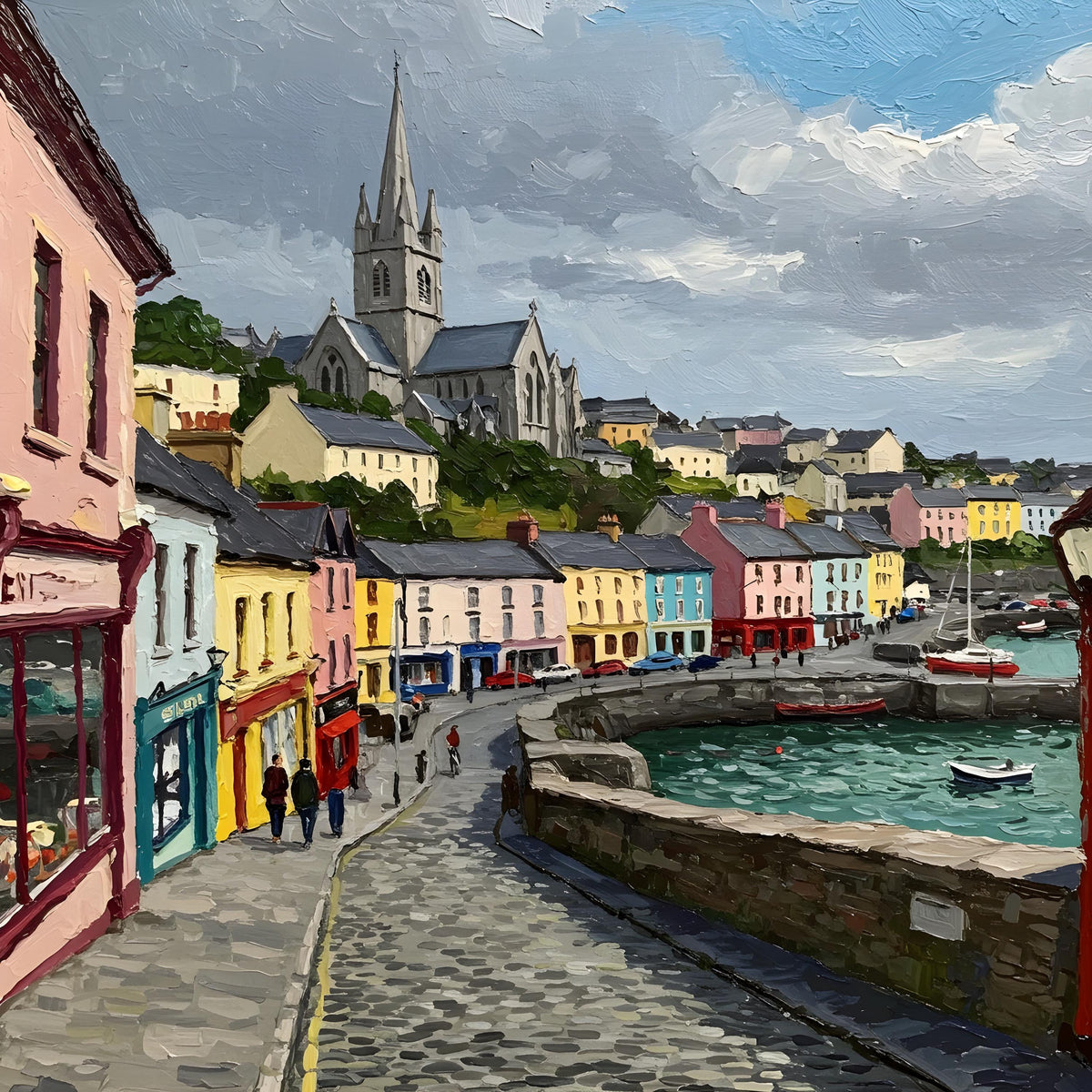 Impressionist Seaside Town Print: Coastal Village, Harbor Boats (Digital Download)