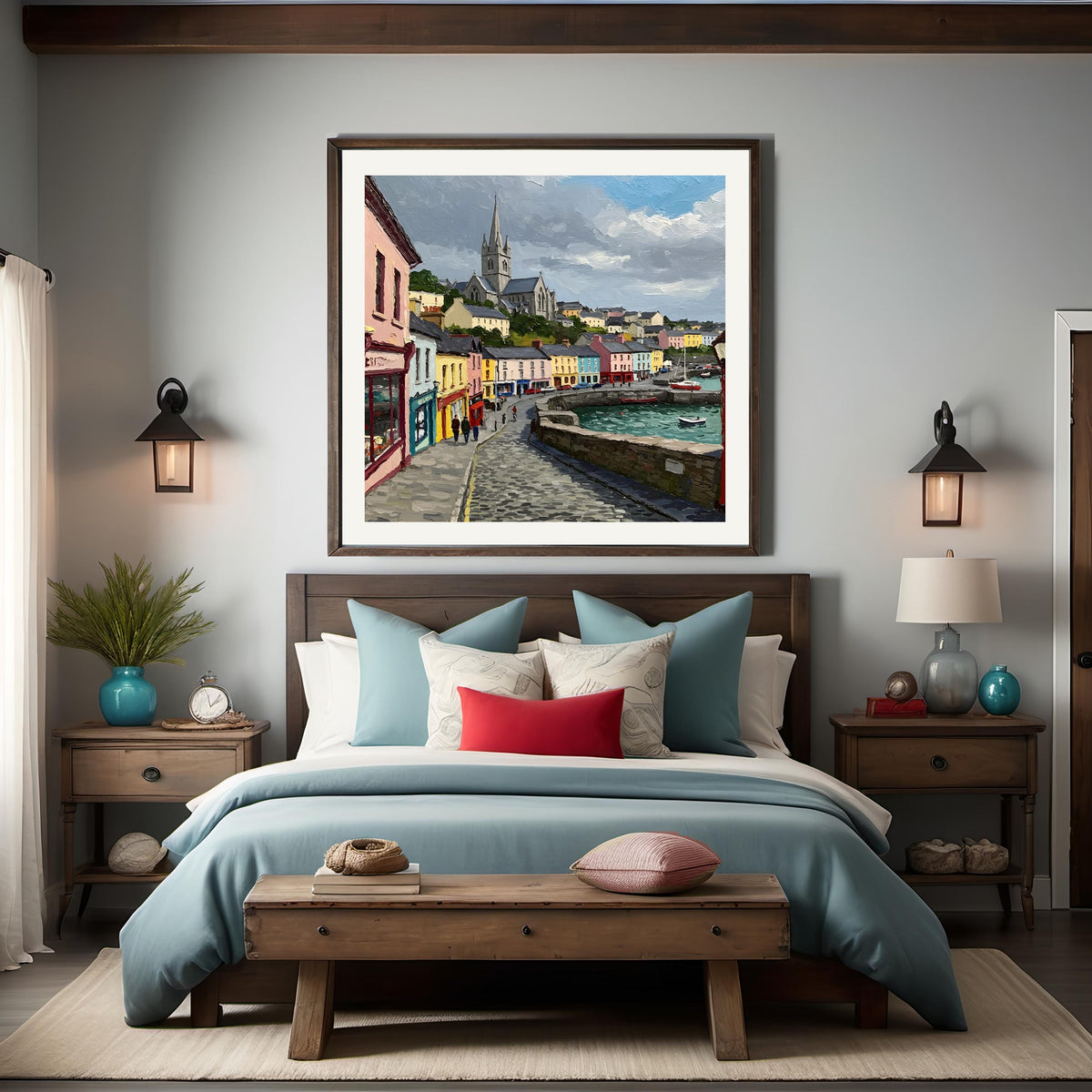 Impressionist Seaside Town Print: Coastal Village, Harbor Boats (Digital Download)