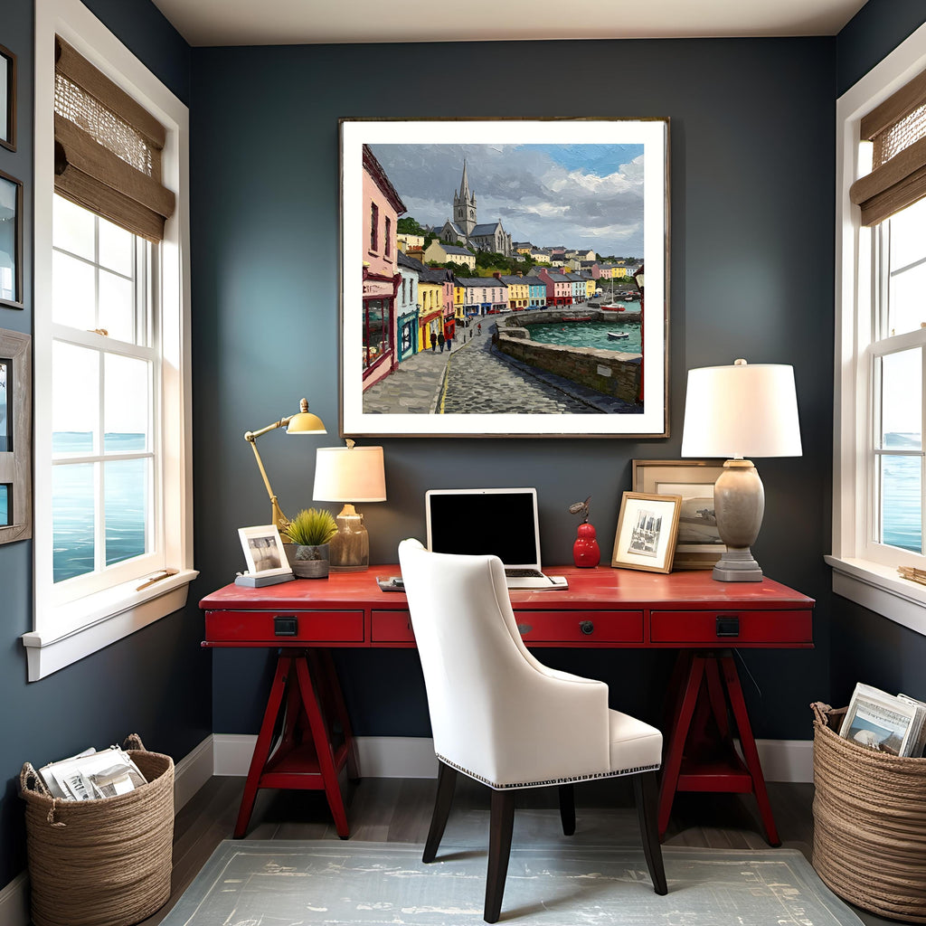 Impressionist Seaside Town Print: Coastal Village, Harbor Boats (Digital Download)