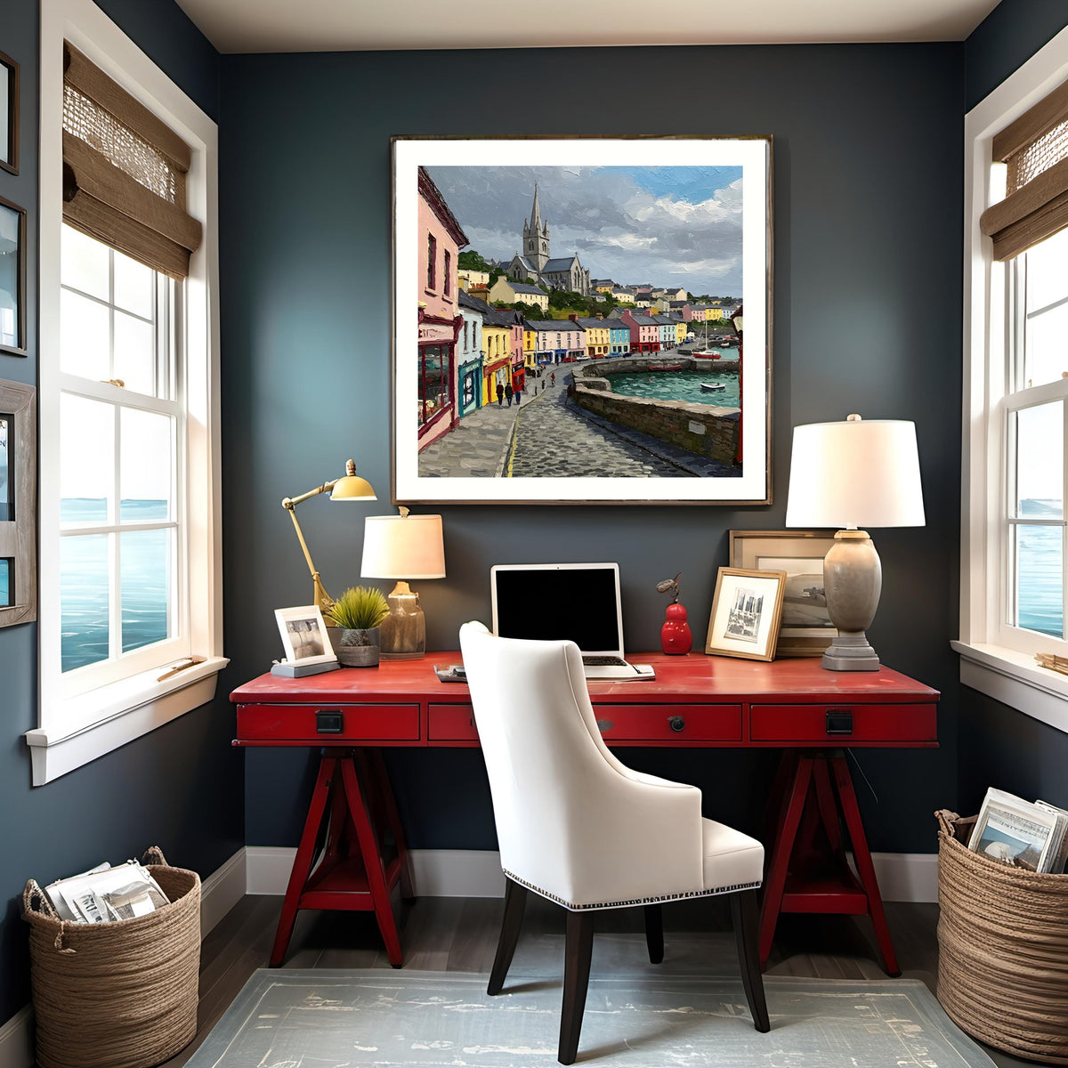 Impressionist Seaside Town Print: Coastal Village, Harbor Boats (Digital Download)