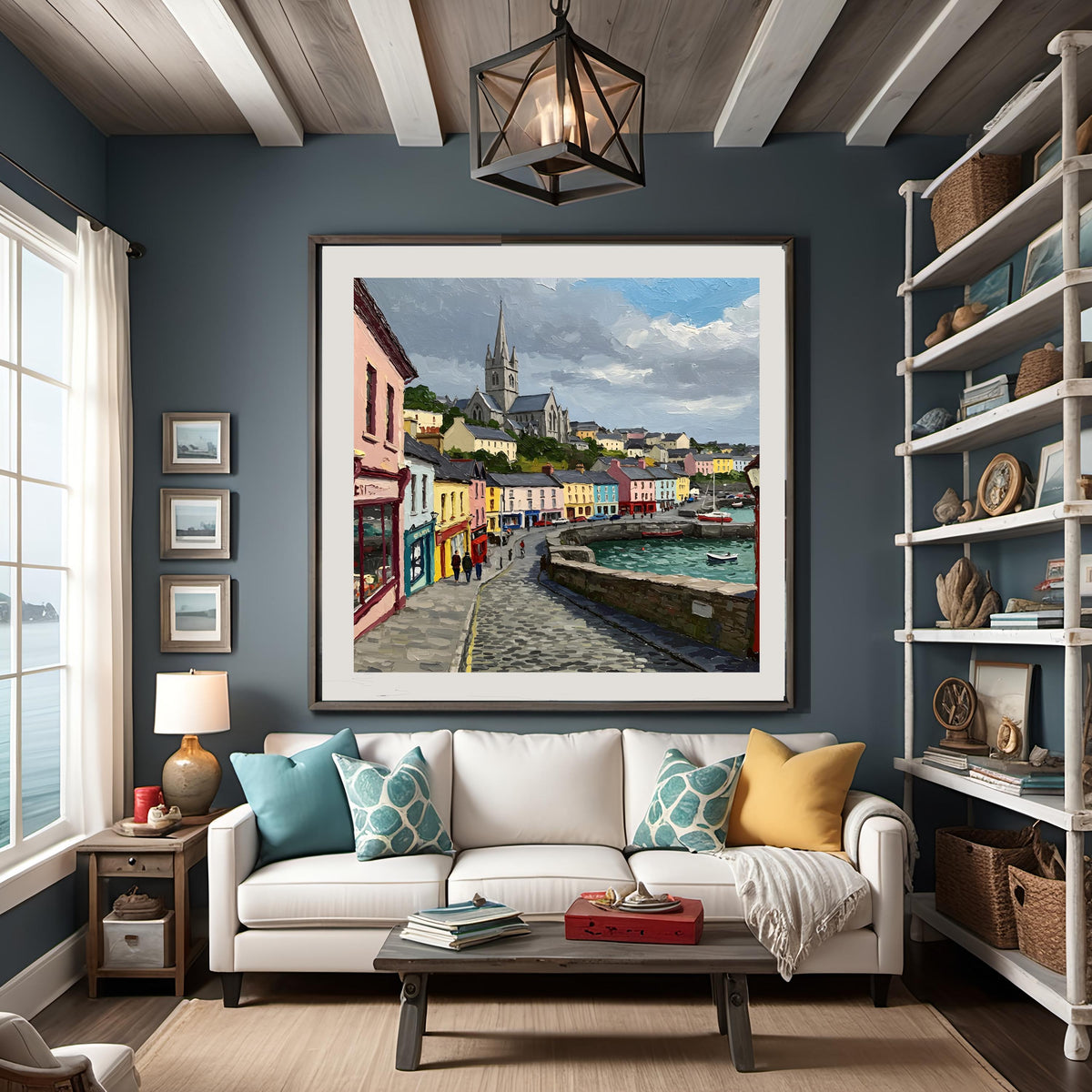Impressionist Seaside Town Print: Coastal Village, Harbor Boats (Digital Download)