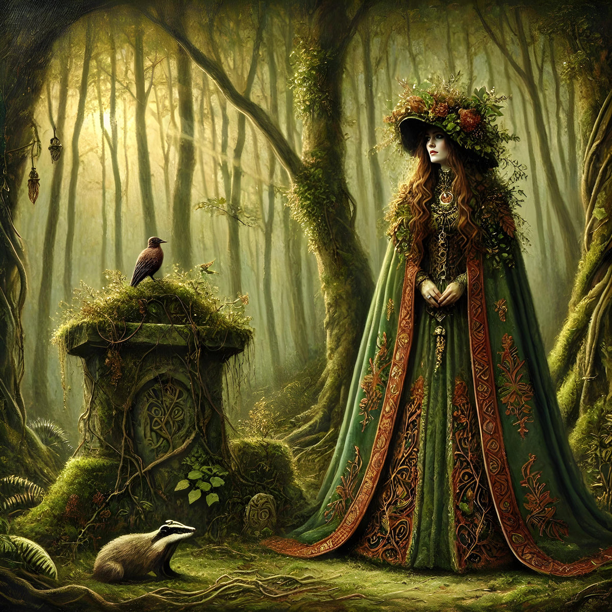 Earth Witch Digital Print: Gothic Forest Badger Art (PNG Instant Download)