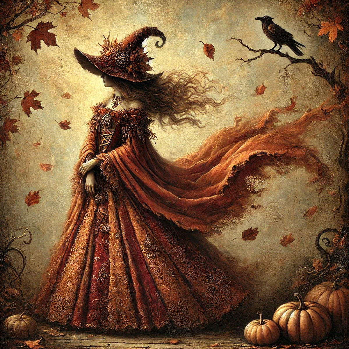 Vintage Gothic Autumn Witch Art Print: Halloween Decor (Digital Download