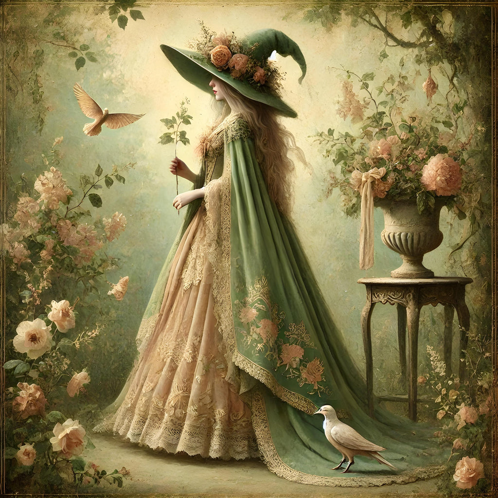 Gothic Spring Witch Art Print: Sage Green Cloak, Garden Birds (Digital Download)