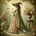 Gothic Spring Witch Art Print: Sage Green Cloak, Garden Birds (Digital Download)