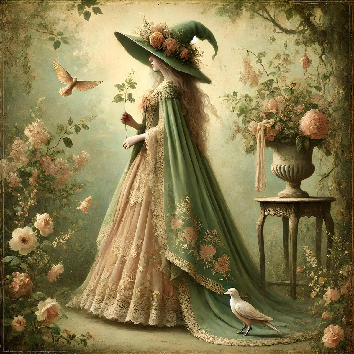 Gothic Spring Witch Art Print: Sage Green Cloak, Garden Birds (Digital Download)