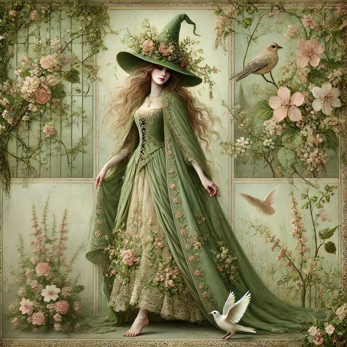 Gothic Spring Witch Art Print: Green Gown, Roses & Doves (Digital Download)