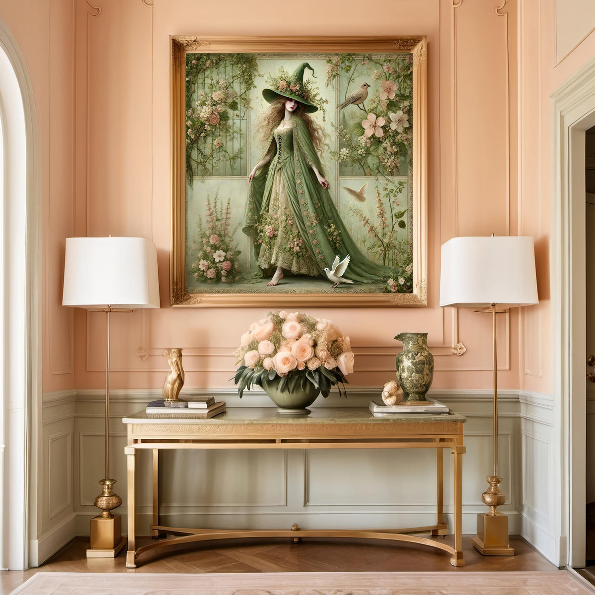 Gothic Spring Witch Art Print: Green Gown, Roses & Doves (Digital Download)