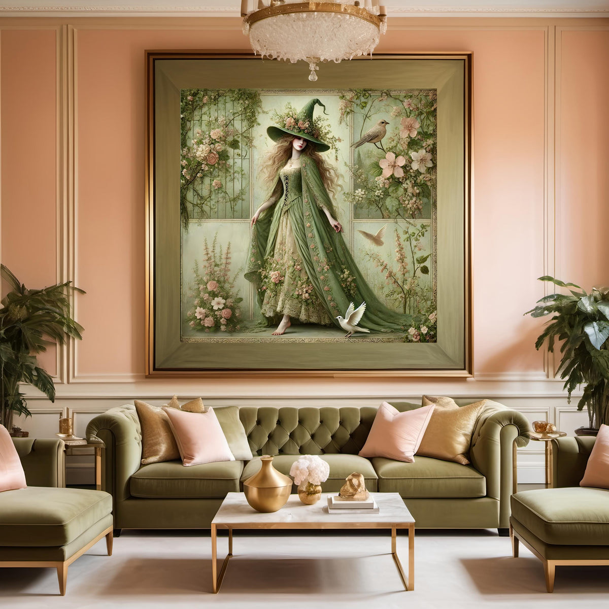 Gothic Spring Witch Art Print: Green Gown, Roses & Doves (Digital Download)