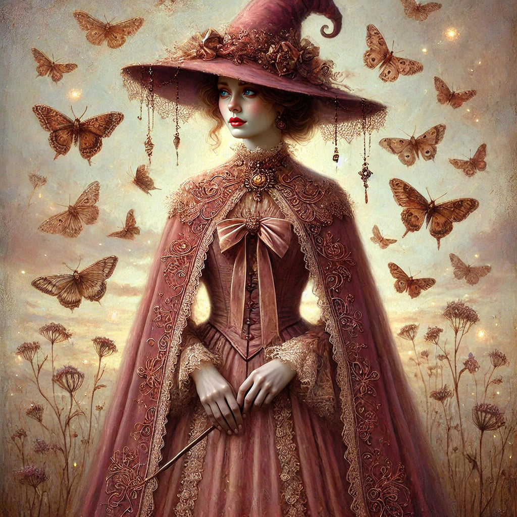Dusty Rose Gothic Witch Art Print: Vintage Fairytale Portrait (Digital Download PNG