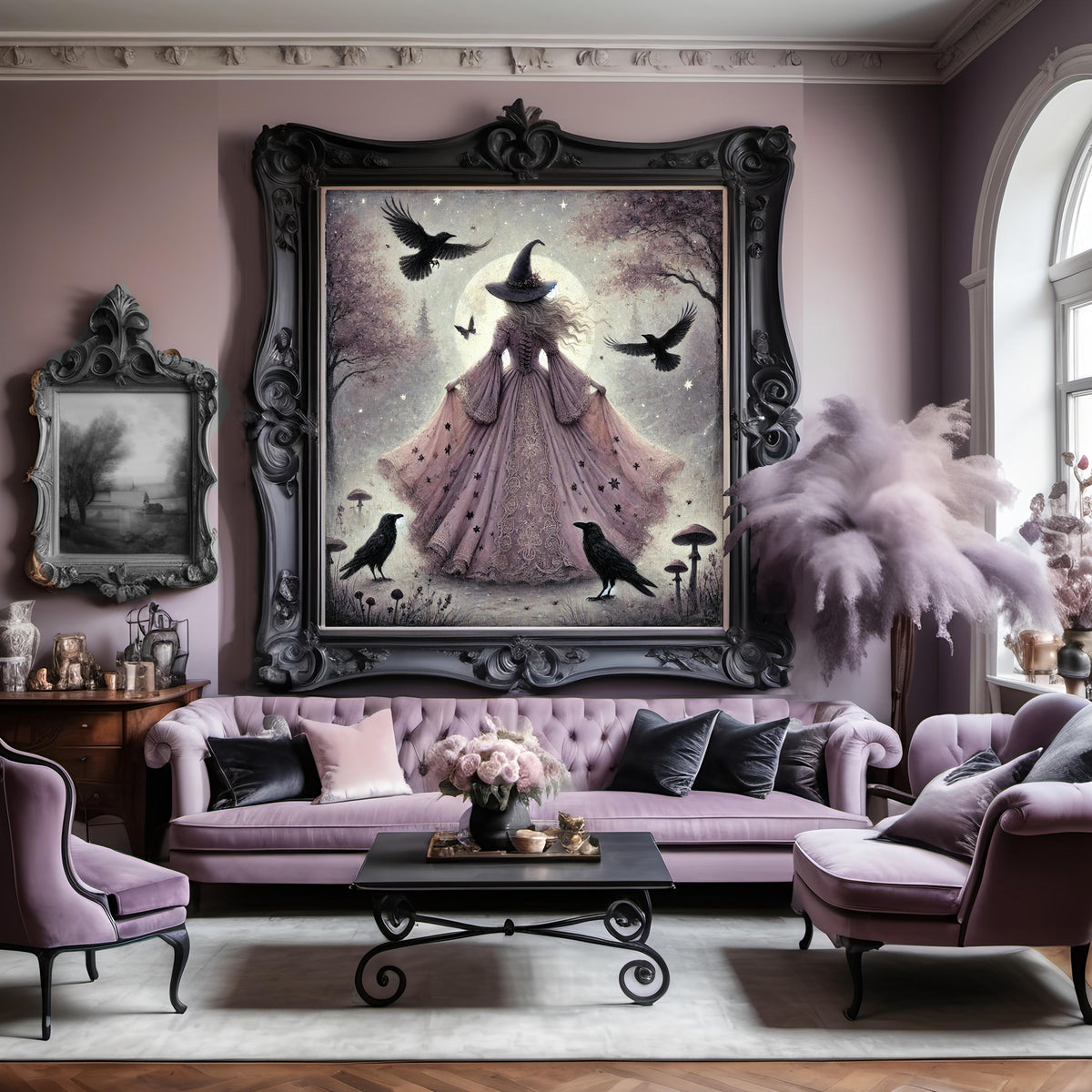 Lavender Witch Raven Art Print: Gothic Halloween Decor (Digital Download PNG)