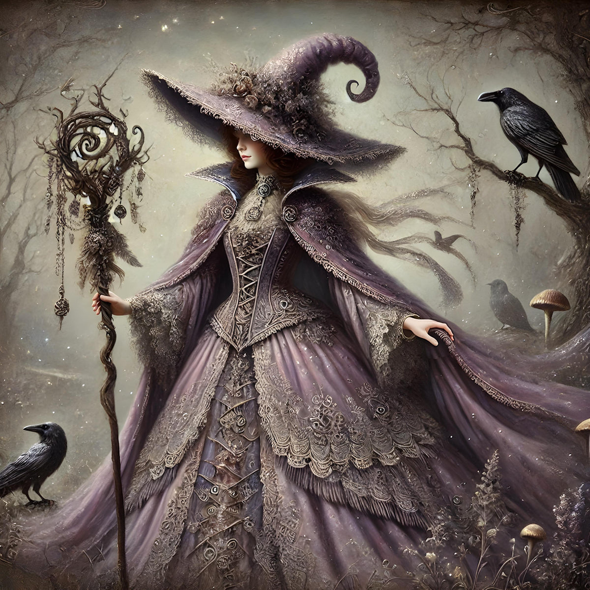 Lavender Witch Raven Gothic Art Print: Vintage Halloween Decor (Digital Download PNG 4096x4096px )
