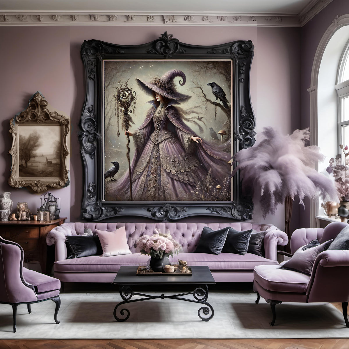Lavender Witch Raven Gothic Art Print: Vintage Halloween Decor (Digital Download PNG 4096x4096px )