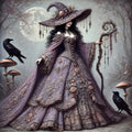 Vintage Gothic Witch Art Print: Lavender Cloak, Ravens (Digital Download PNG 4096x4096px)