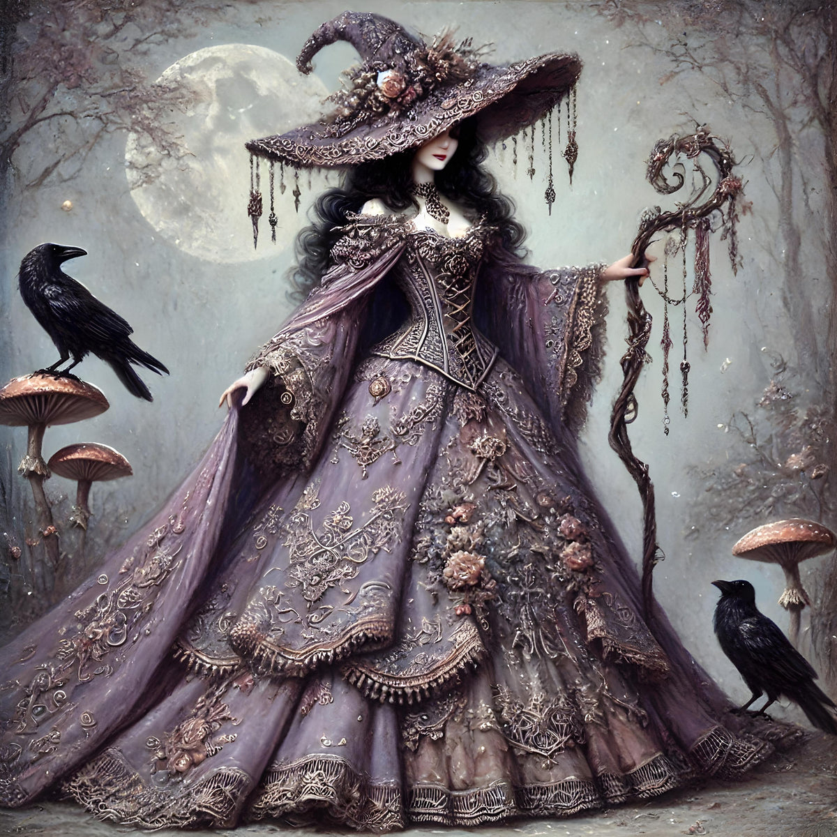 Vintage Gothic Witch Art Print: Lavender Cloak, Ravens (Digital Download PNG 4096x4096px)