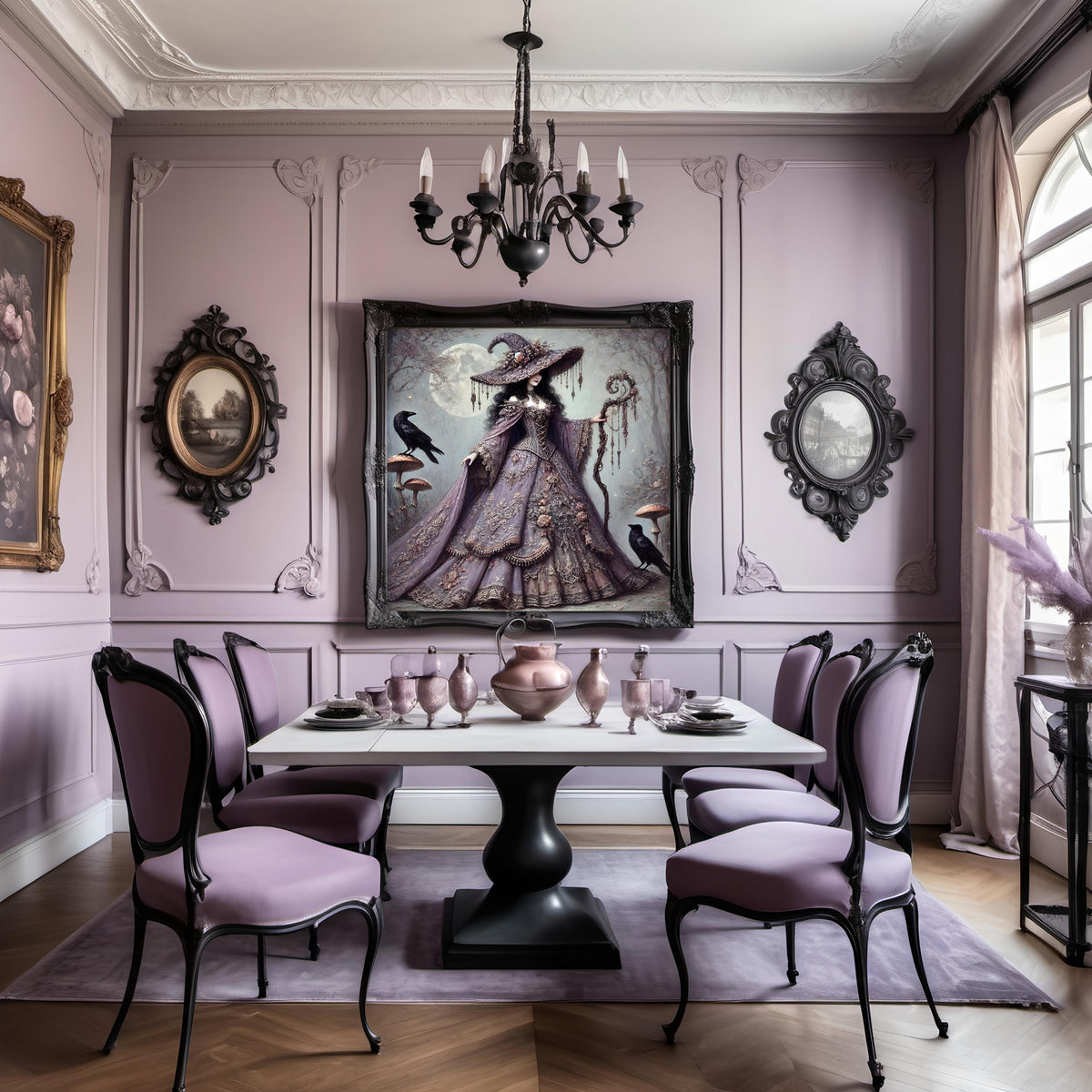 Vintage Gothic Witch Art Print: Lavender Cloak, Ravens (Digital Download PNG 4096x4096px)