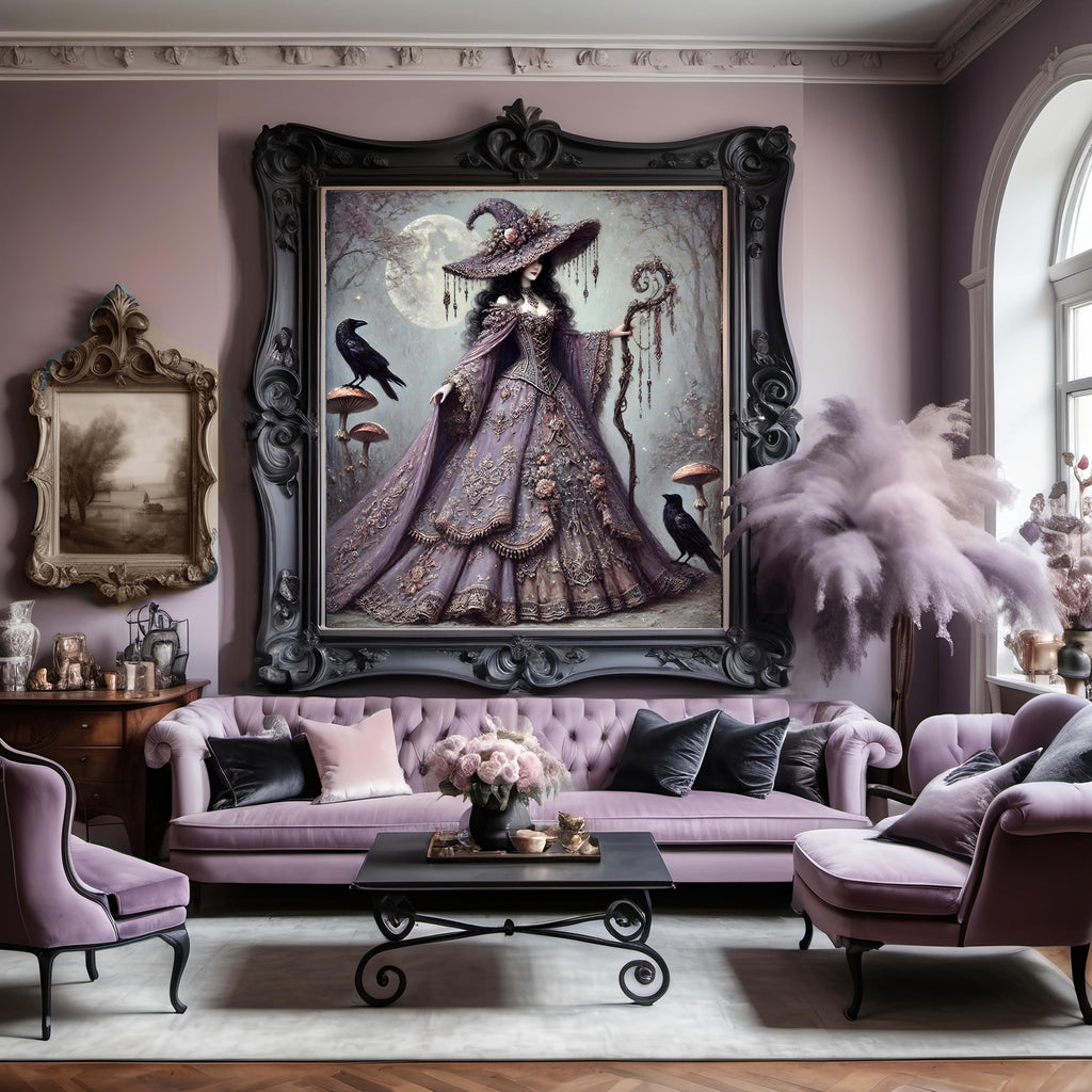 Vintage Gothic Witch Art Print: Lavender Cloak, Ravens (Digital Download PNG 4096x4096px)