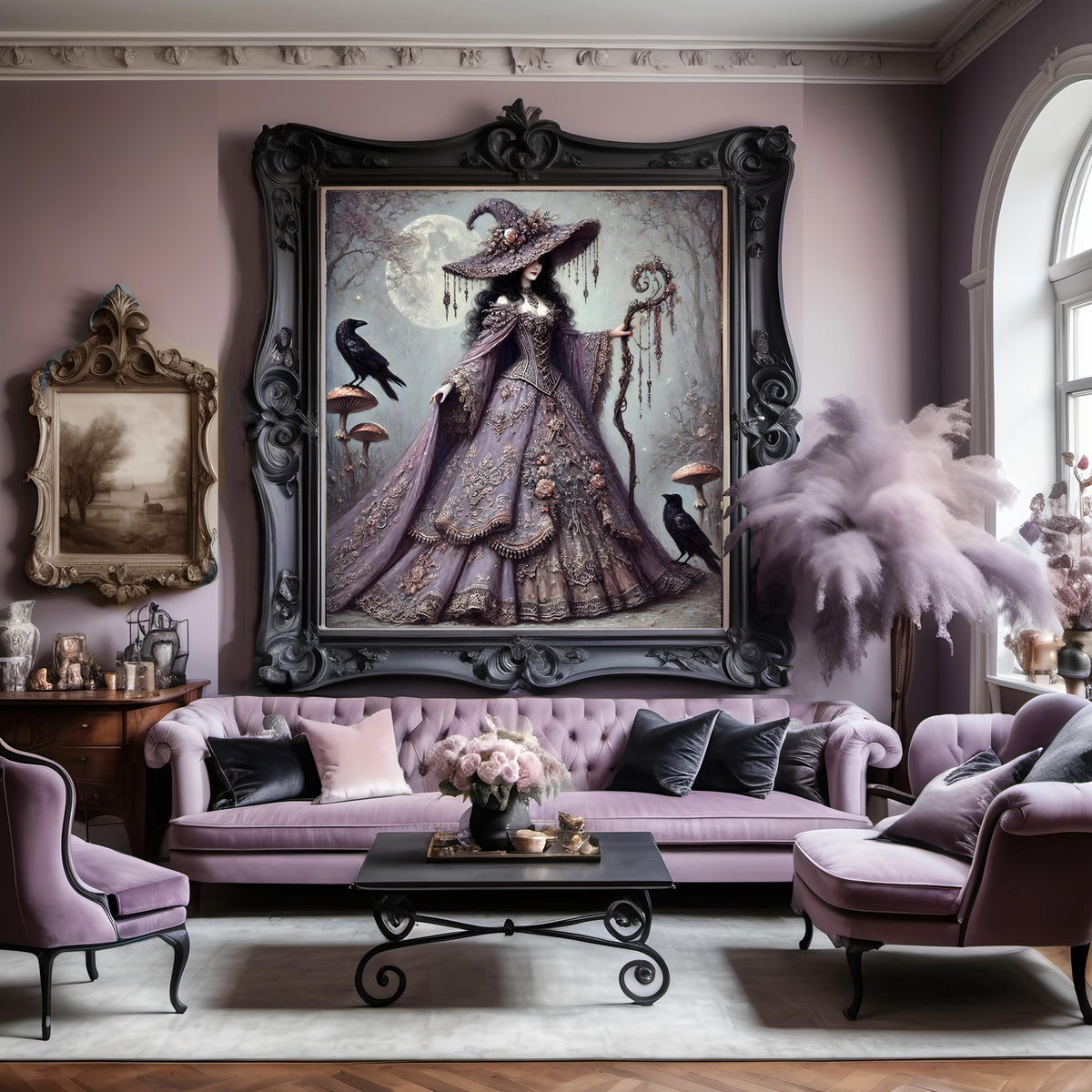 Vintage Gothic Witch Art Print: Lavender Cloak, Ravens (Digital Download PNG 4096x4096px)