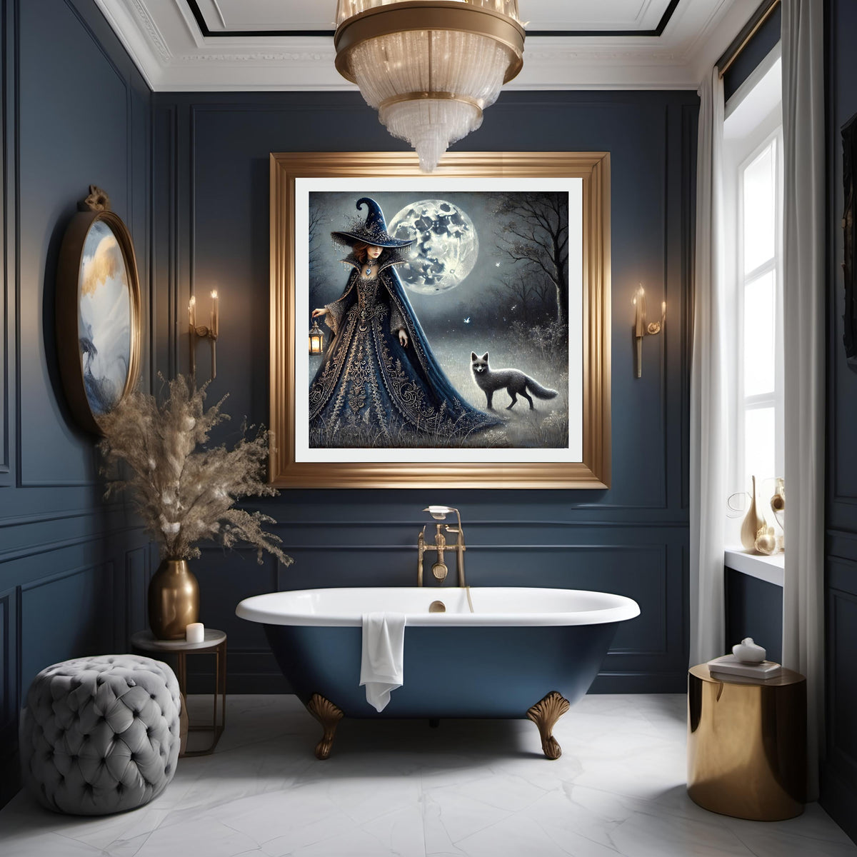 Gothic Witch and Fox Art Print: Moonlit Forest Fantasy (Digital Download)
