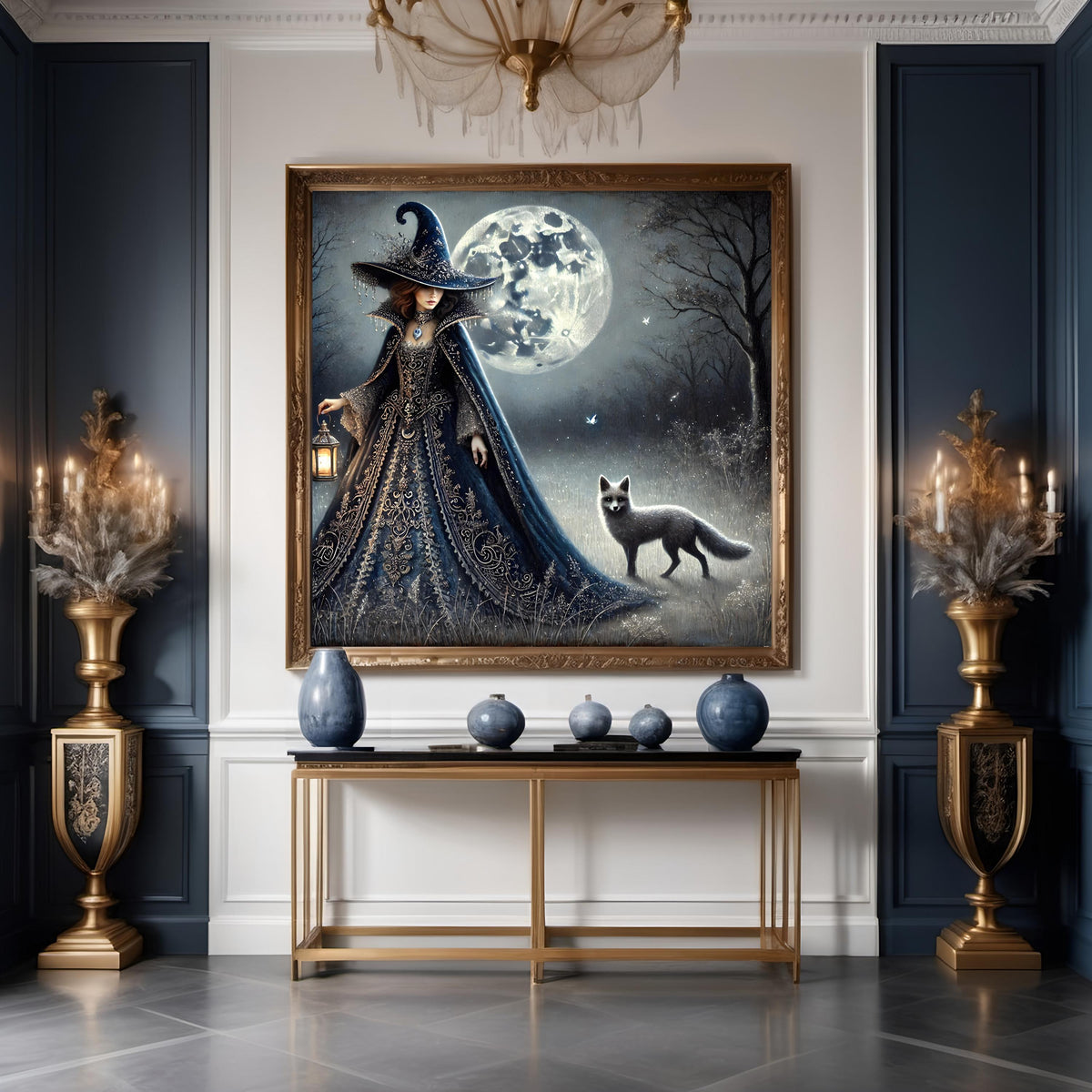 Gothic Witch and Fox Art Print: Moonlit Forest Fantasy (Digital Download)