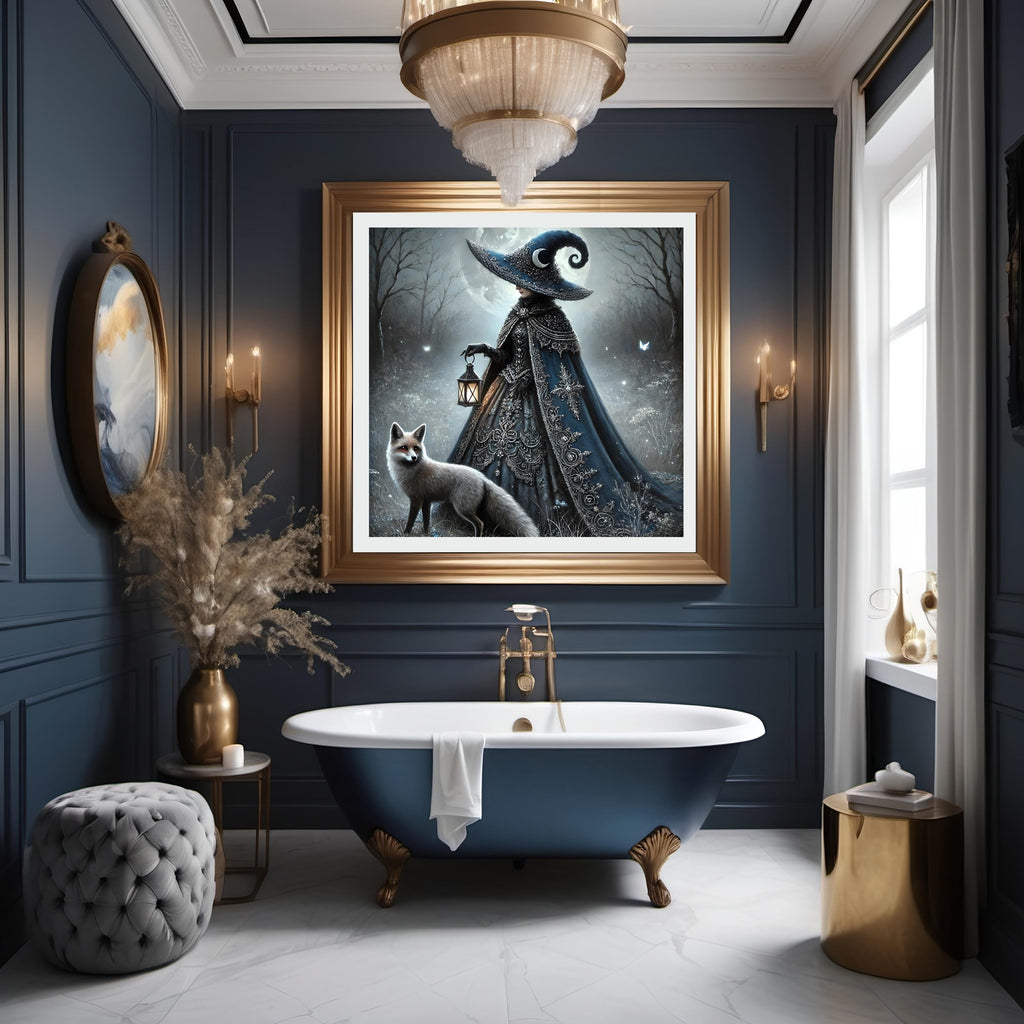 Gothic Witch and Fox Print: Moonlight Fantasy Art (Digital Download PNG)