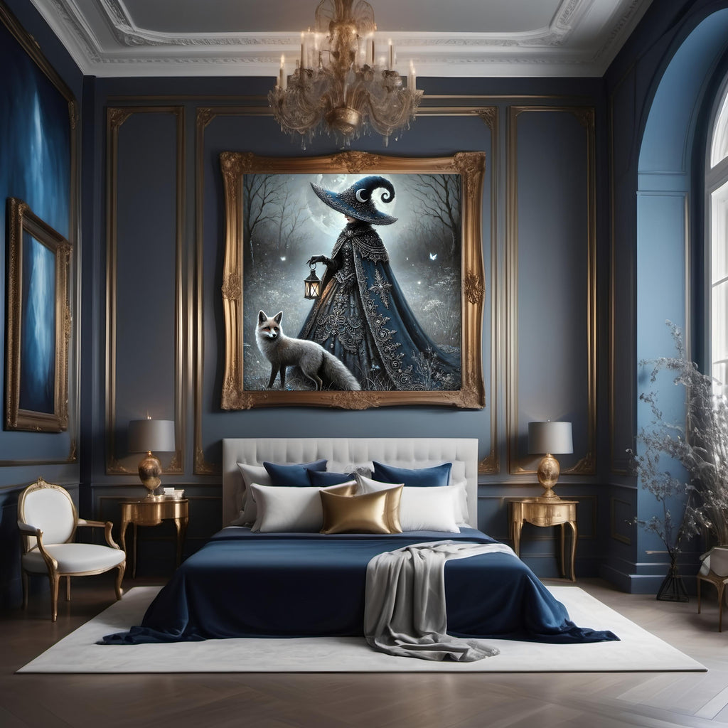 Gothic Witch and Fox Print: Moonlight Fantasy Art (Digital Download PNG)