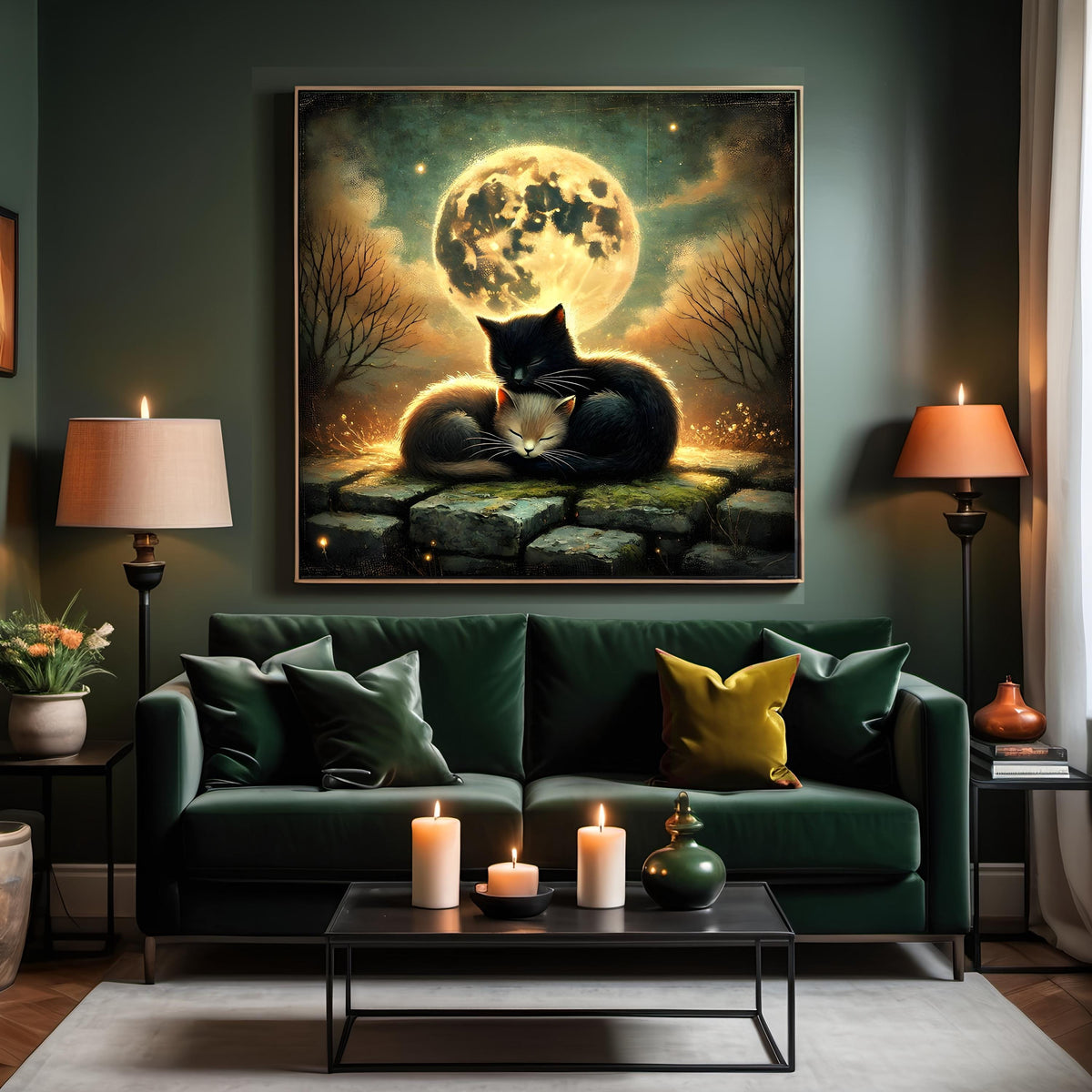 Gothic Black Cats Wall Art: Cozy Halloween Moon Printable Decor (Digital Download)