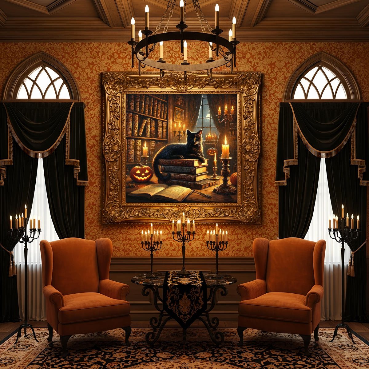 Black Cat Library Halloween Print: Gothic Witch Decor (Digital Download PNG)