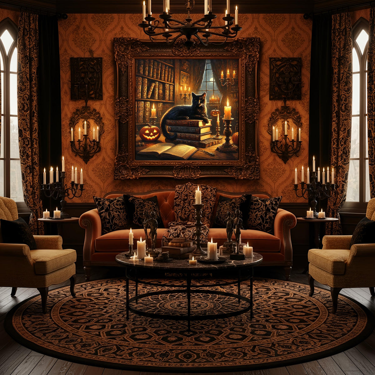 Black Cat Library Halloween Print: Gothic Witch Decor (Digital Download PNG)