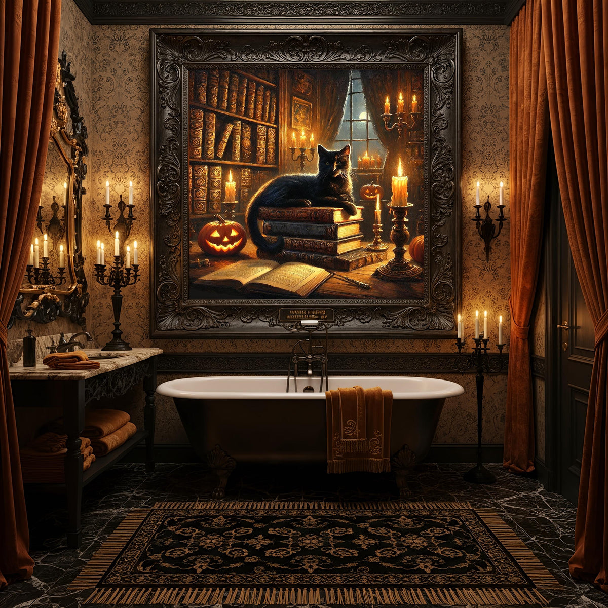 Black Cat Library Halloween Print: Gothic Witch Decor (Digital Download PNG)