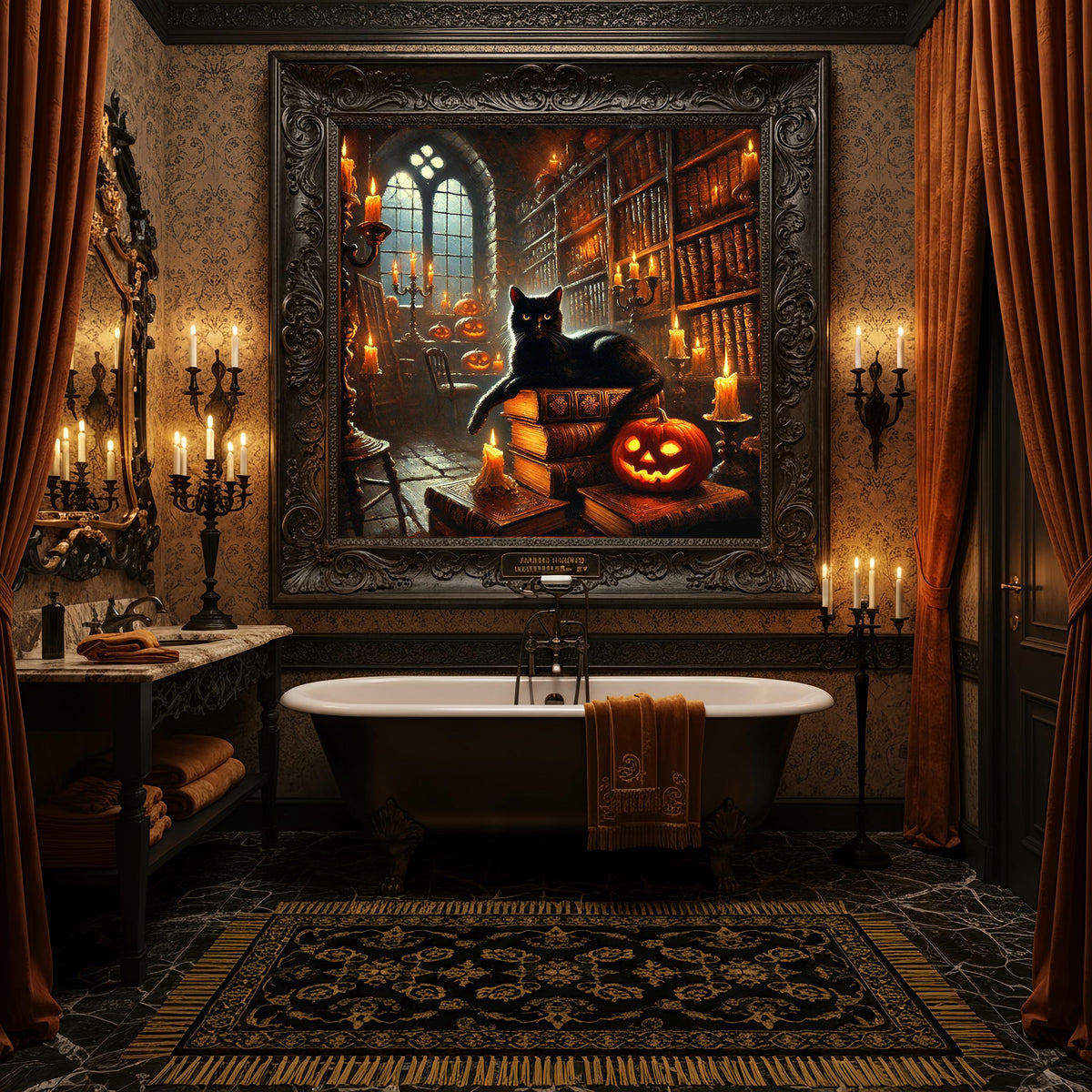 Black Cat Halloween Library Art Print: Gothic Bookroom Scene (Digital Download)