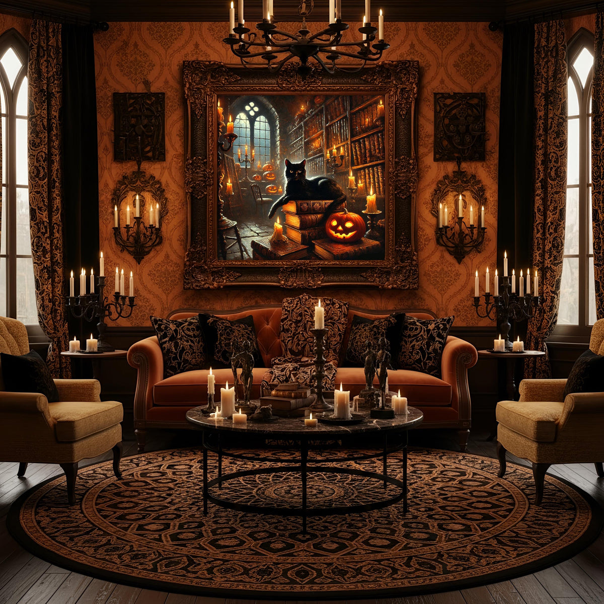 Black Cat Halloween Library Art Print: Gothic Bookroom Scene (Digital Download)