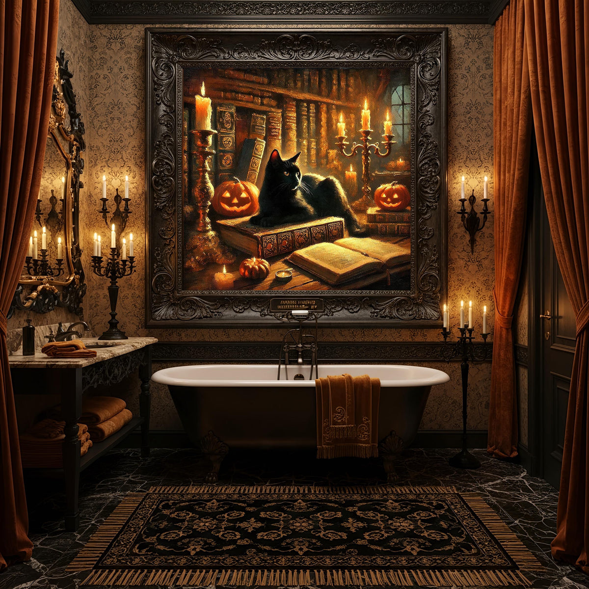 Black Cat Halloween Print: Spooky Library Scene, Witchy Decor (Digital Download)