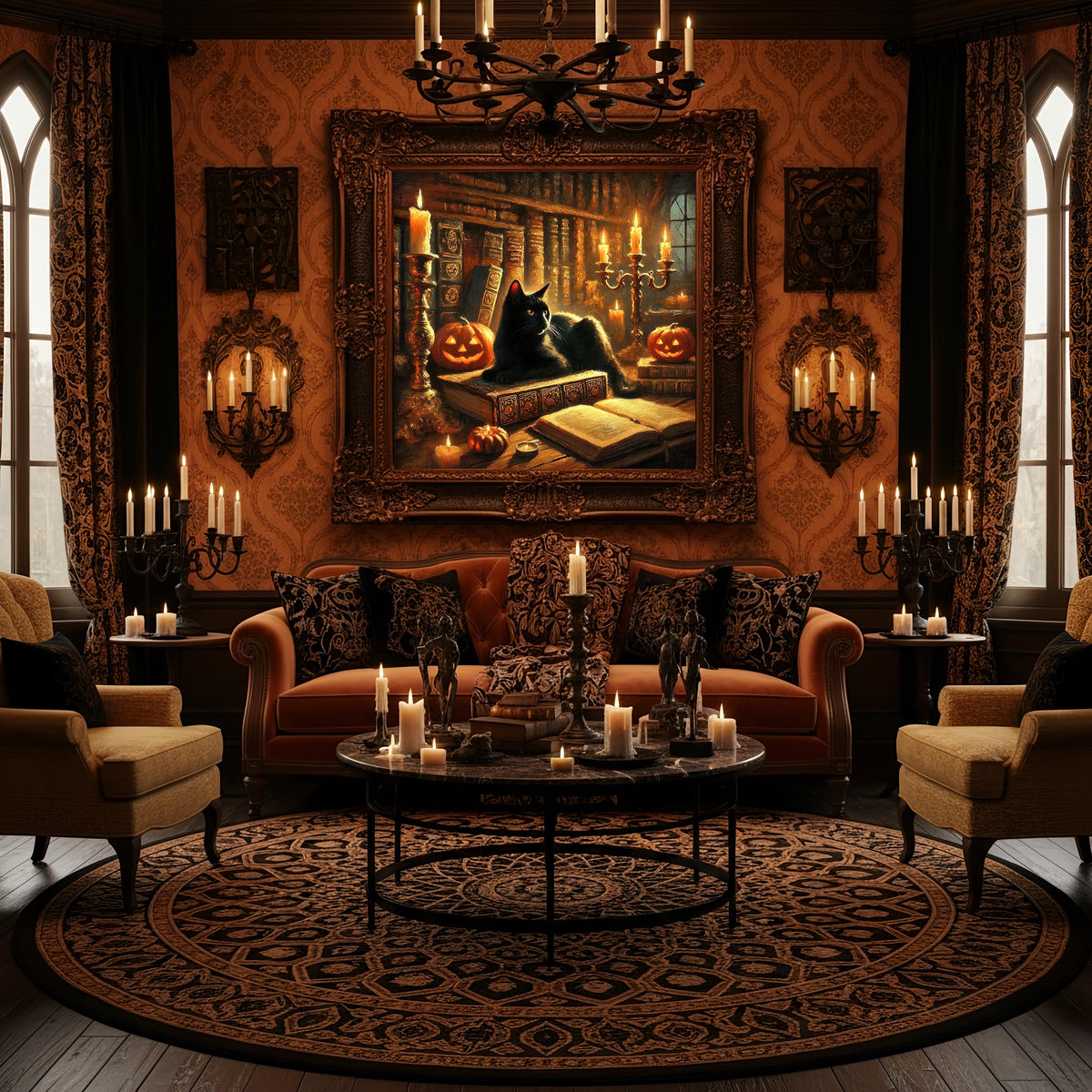 Black Cat Halloween Print: Spooky Library Scene, Witchy Decor (Digital Download)