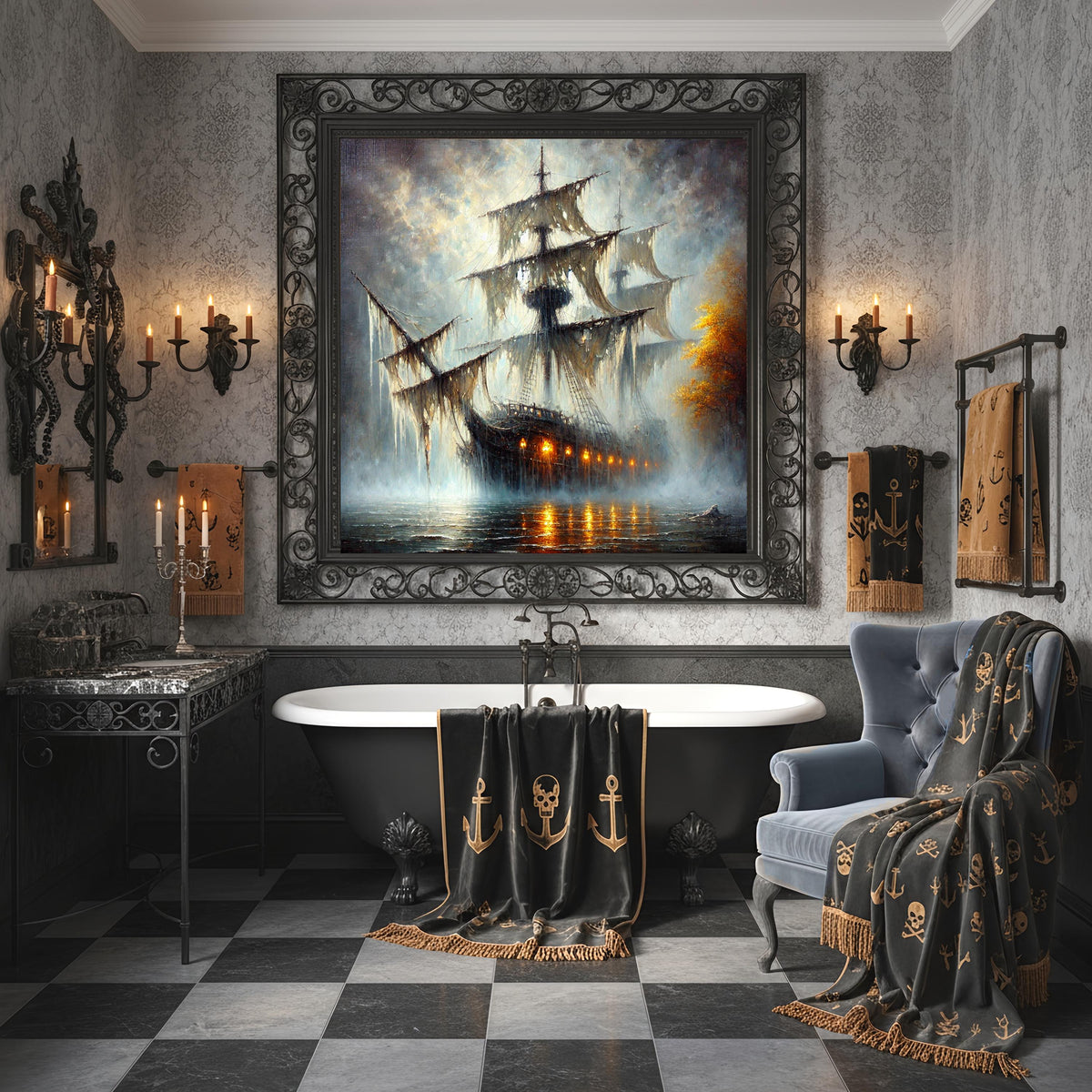 Haunted Pirate Ship Art: Spooky Halloween Galleon Print (Digital Download)