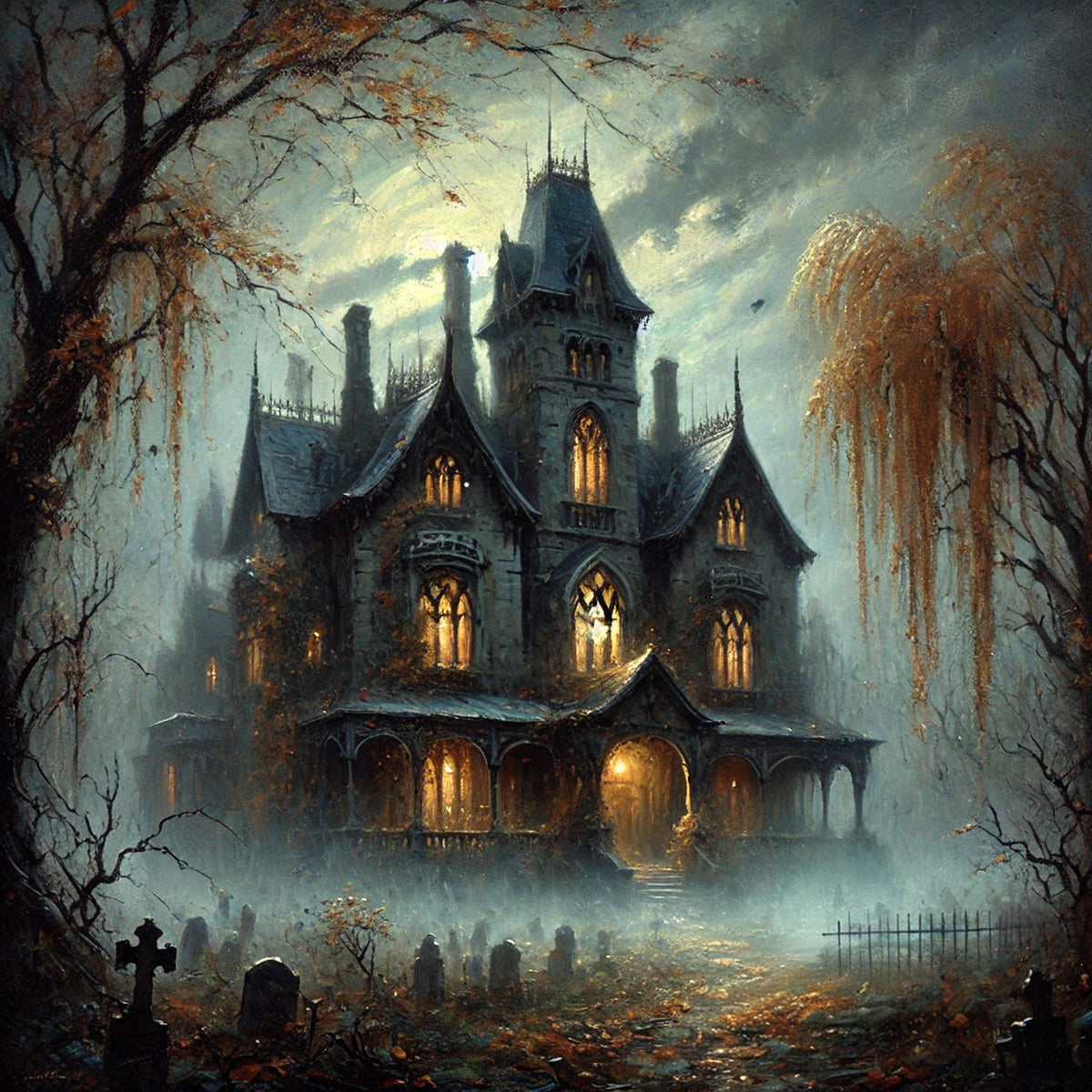 Haunted Mansion Graveyard Digital Print: Spooky Gothic Halloween Art (Instant Download)