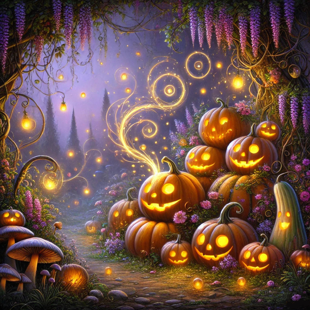 Magical Jackolantern Path: Whimsical Pumpkin Garden Digital Print (PNG)