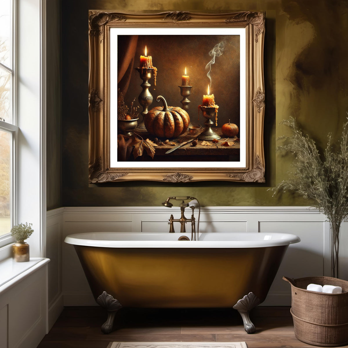 Vintage Pumpkin Candle Still Life: Rustic Autumn Wall Art (Digital Print)