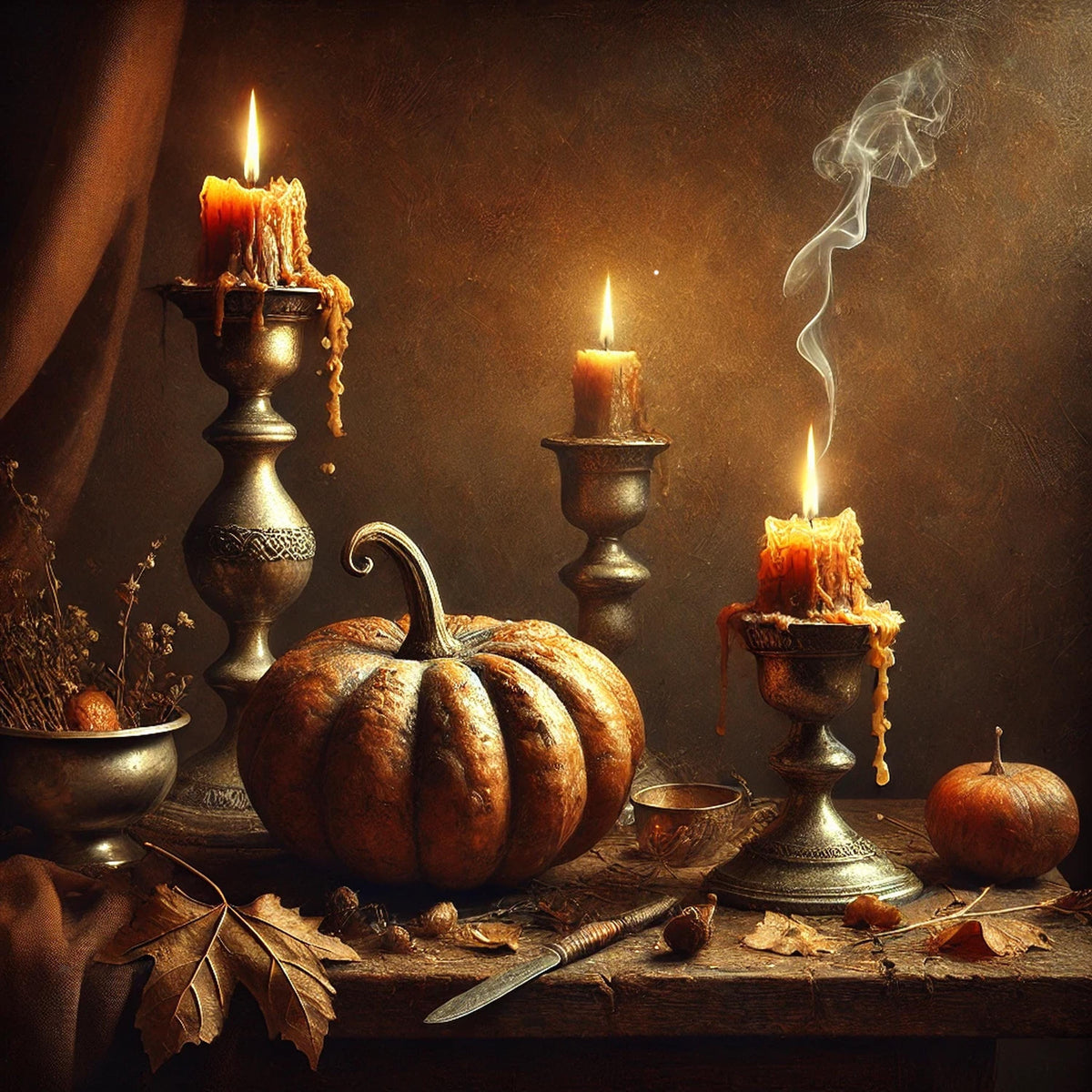 Vintage Pumpkin Candle Still Life: Rustic Autumn Wall Art (Digital Print)