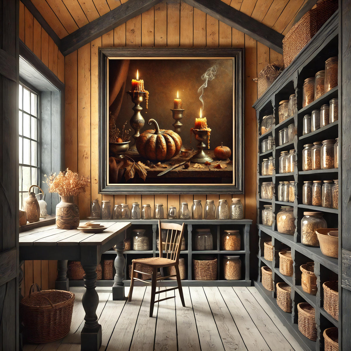 Vintage Pumpkin Candle Still Life: Rustic Autumn Wall Art (Digital Print)