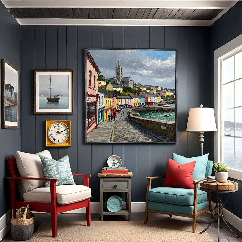 Impressionist Seaside Town Print: Coastal Village, Harbor Boats (Digital Download)