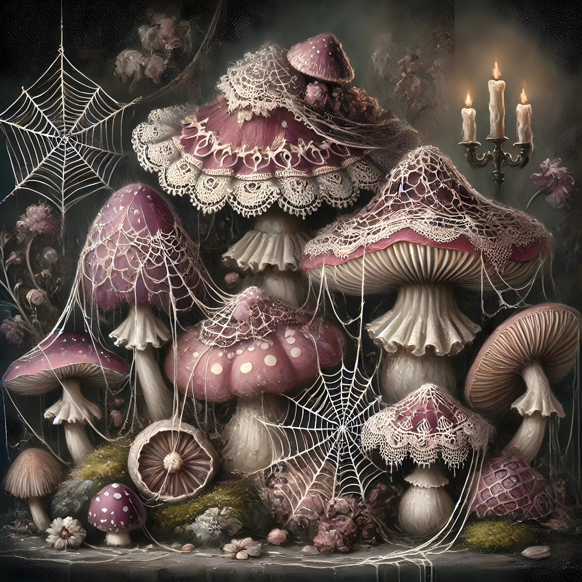 Gothic Mushroom Art Print: Whimsical Spiderweb Halloween Decor (Digital Download)