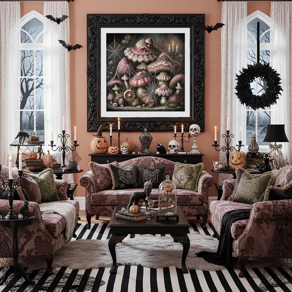 Gothic Mushroom Art Print: Whimsical Spiderweb Halloween Decor (Digital Download)